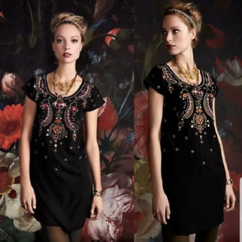 Anthropologie Yumi Chiaroscuro Beaded Shift Tunic Mini Dress size XL